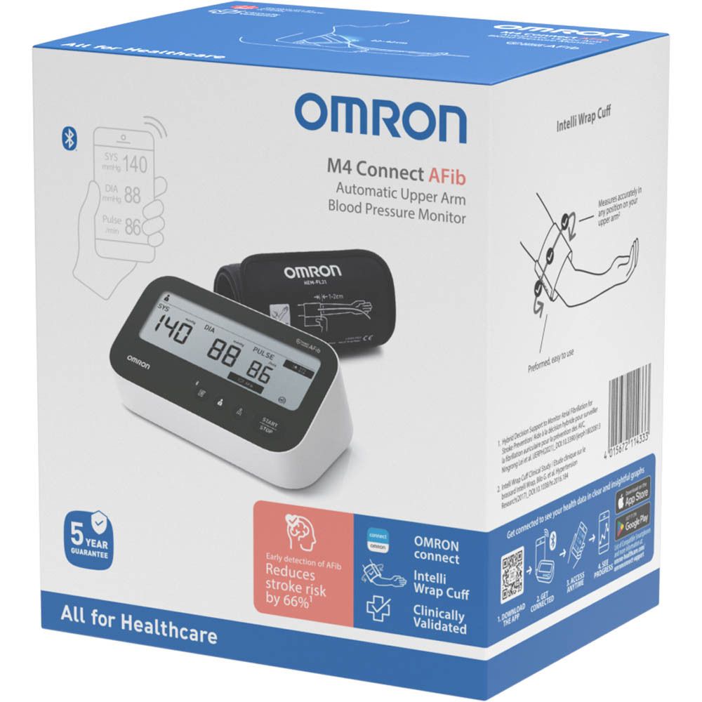 Côté de l'emballage Omron M4 Connect AFib avec instructions de brassard et code QR.