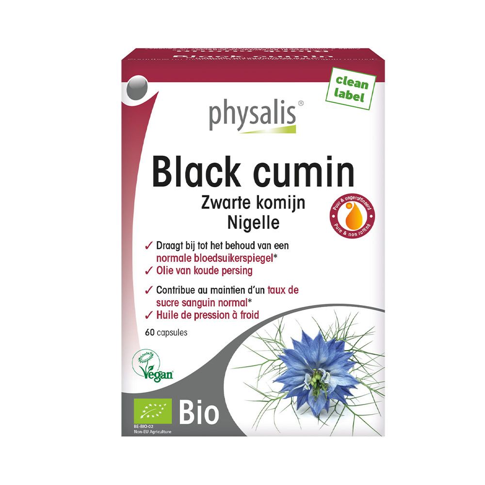 Boîte de gélules Physalis Black Cumin. Contient 60 gélules. Label Bio et Vegan. Zwarte komijn.