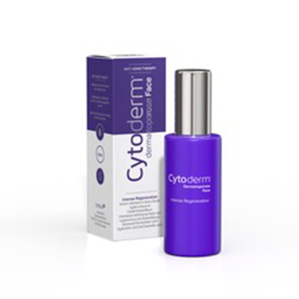 Flacon et emballage. Inscription: Cytoderm Dermatoporose Face, Intense Regeneration, Anti-Aging Therapy.