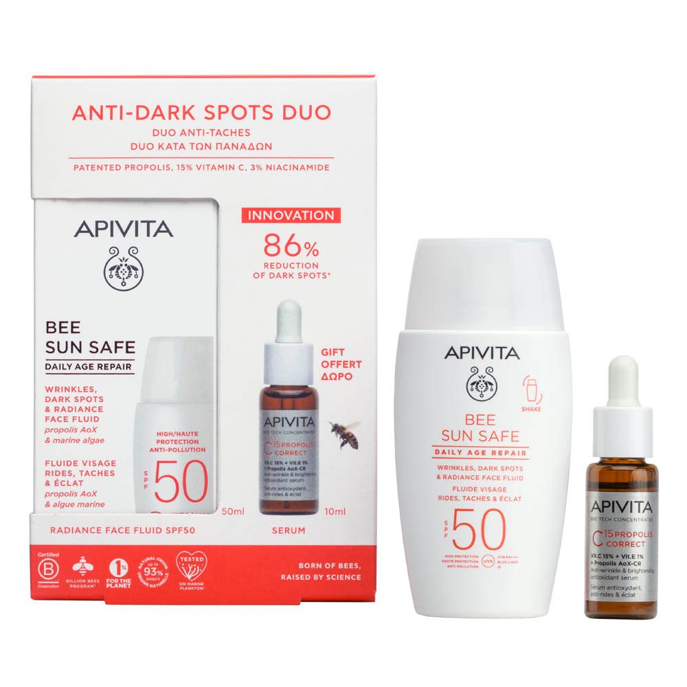 Ensemble de produits Apivita : sérum, crème de jour et sérum. Inscriptions : Anti-Dark Spots Duo, Bee Sun Safe, SPF 50, 86% réduction.
