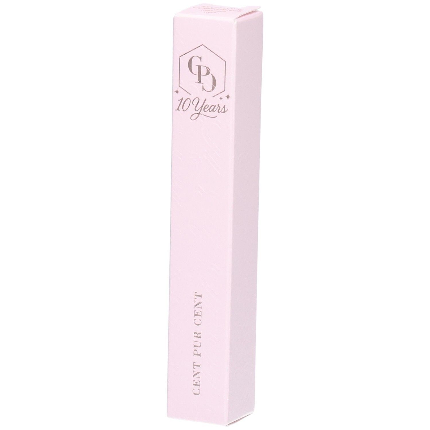 Emballage rose avec logo et texte CENT PUR CENT. Inscription: 10 Years.
