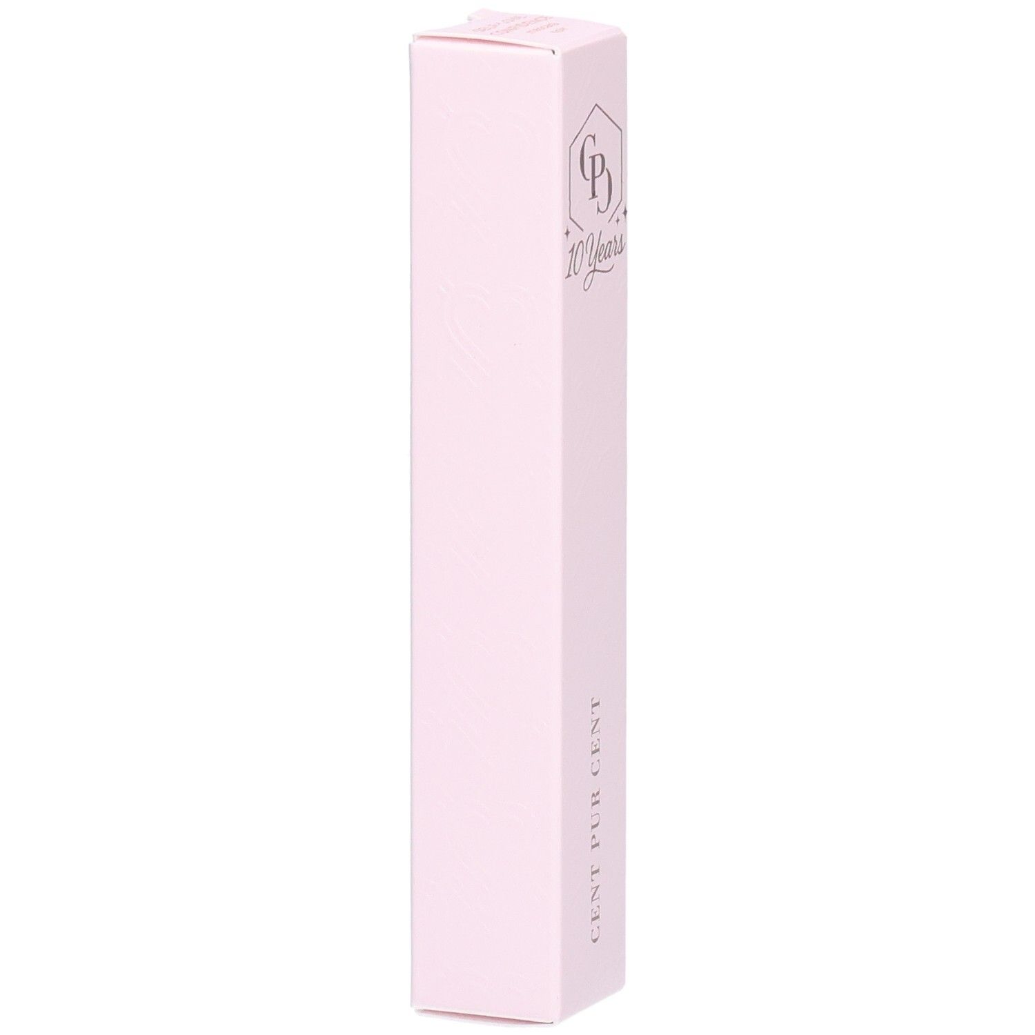 Emballage rose avec logo et texte CENT PUR CENT. Inscription: 10 Years.