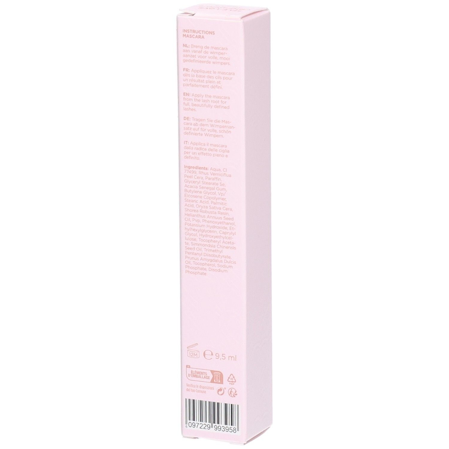Emballage rose avec texte et ingrédients. Inscription: Instructions, Vegan, 9.5ml.
