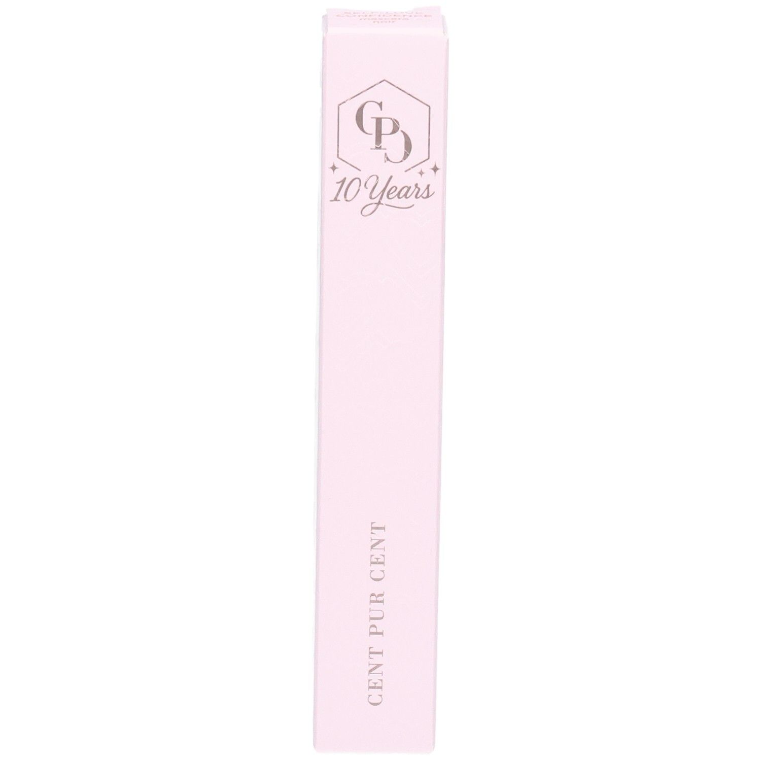Emballage rose avec logo et texte CENT PUR CENT. Inscription: 10 Years.