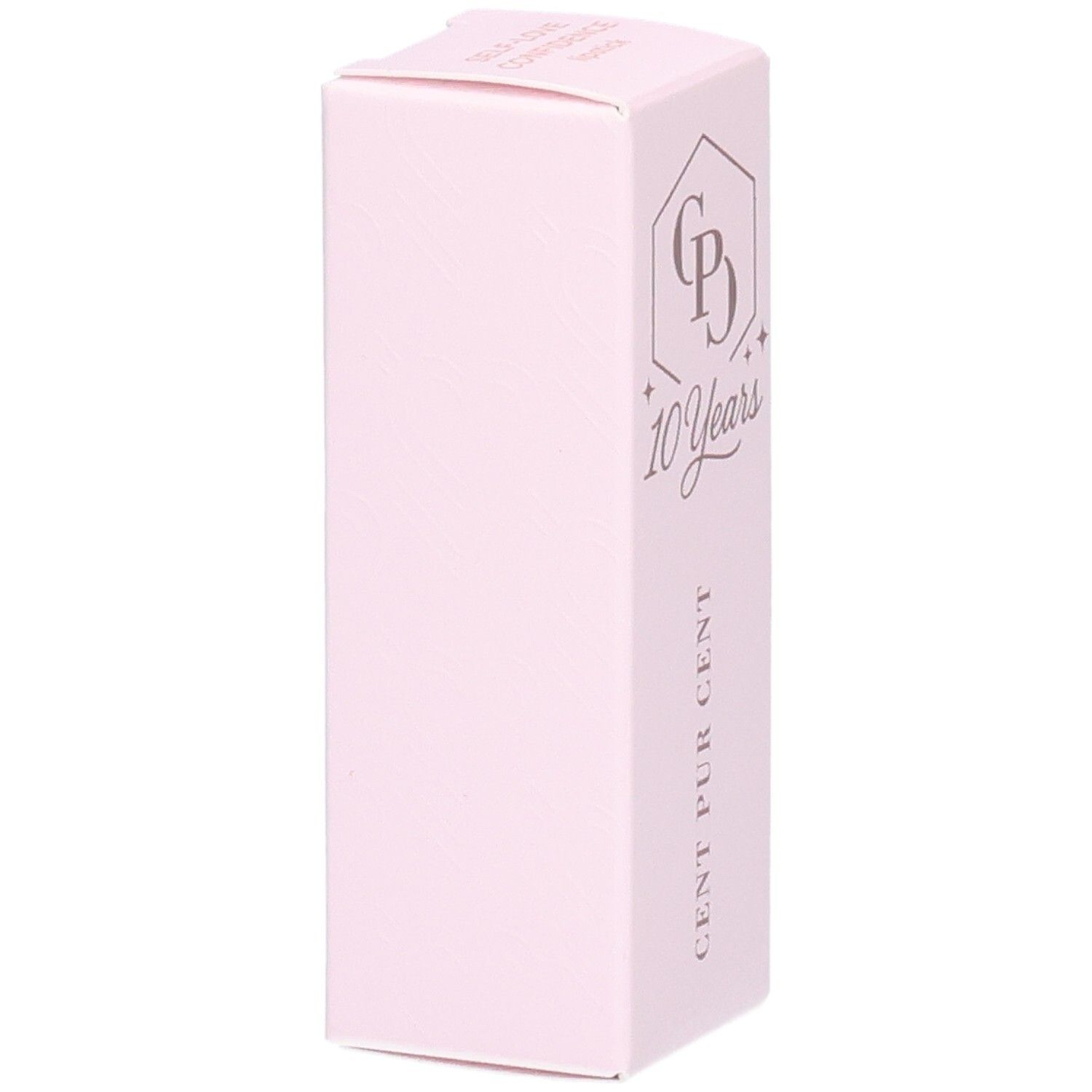 Emballage rose. Côté sans texte. Logo "CP", "10 Years" et "CENT PUR CENT".