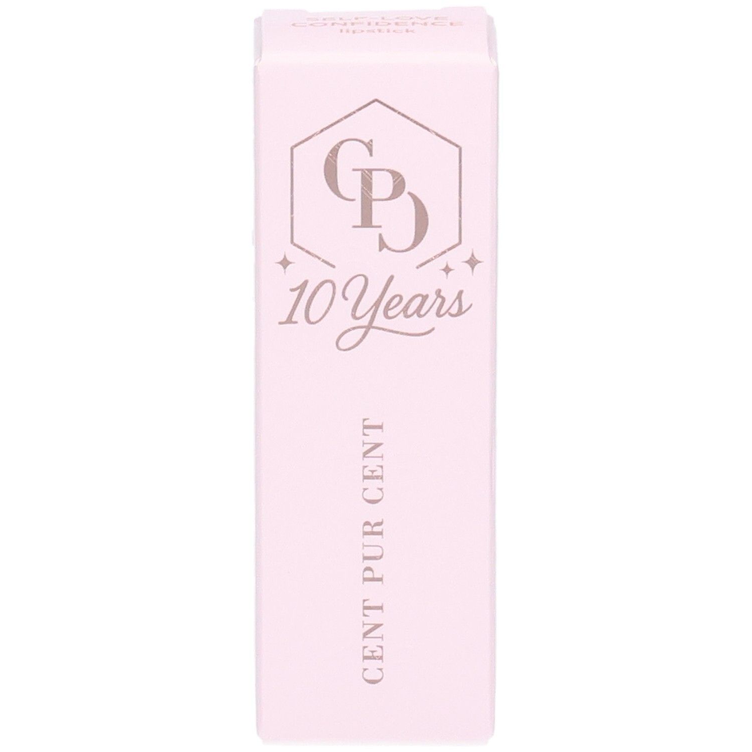 Emballage rose. Logo "CP", "10 Years" et "CENT PUR CENT".