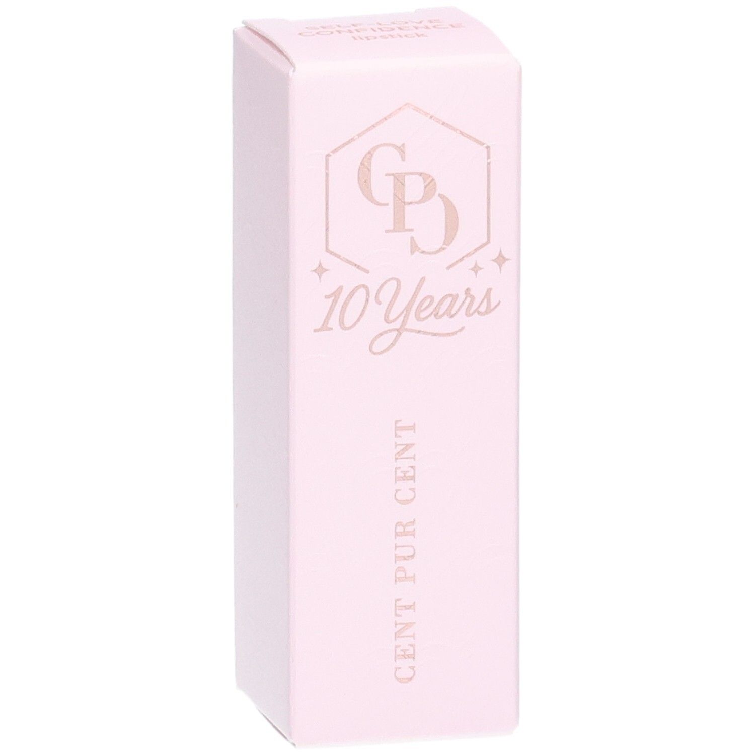 Emballage rose. Logo "CP", "10 Years" et "CENT PUR CENT".