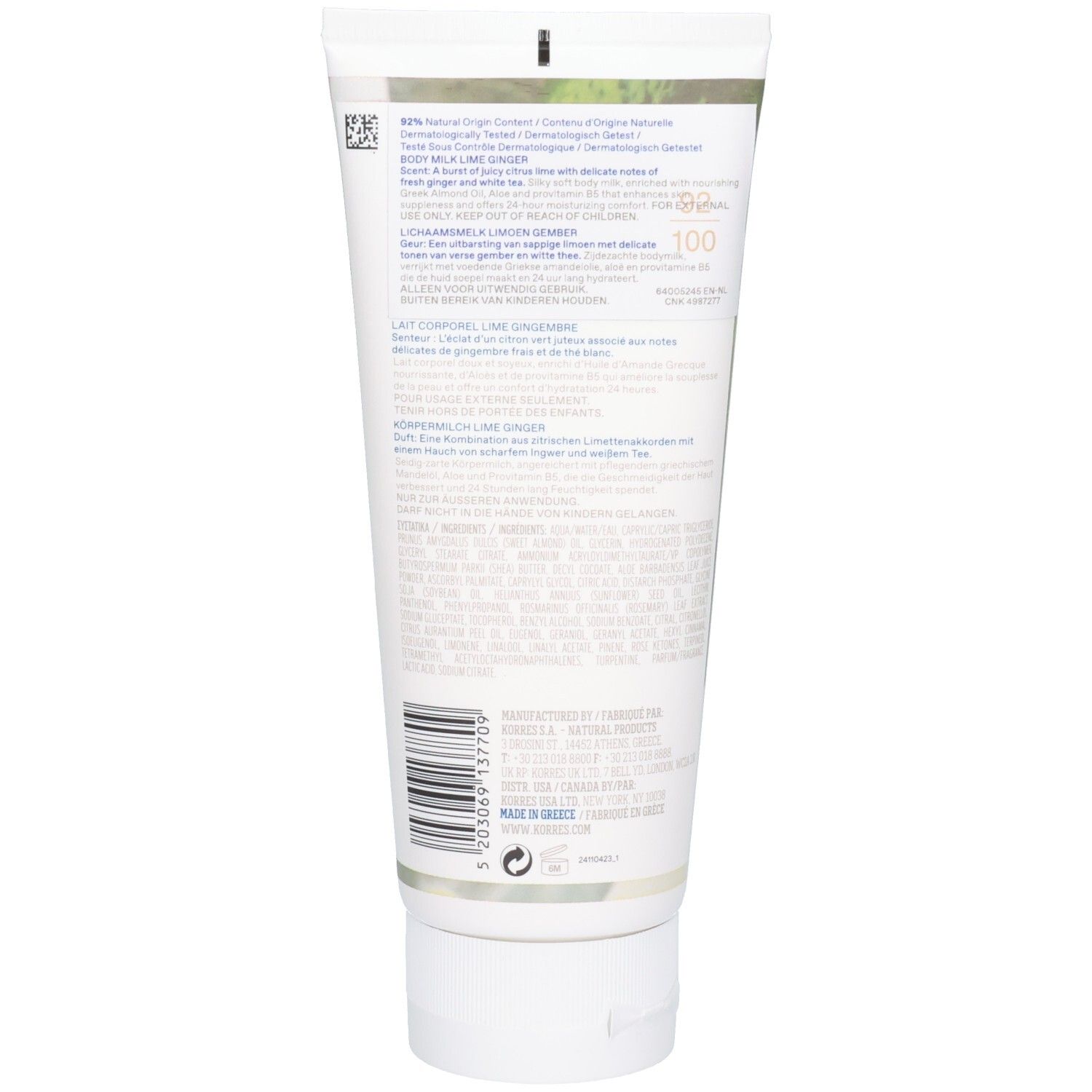Arrière du lait corporel KORRES Lime-Gingembre avec ingrédients et instructions.