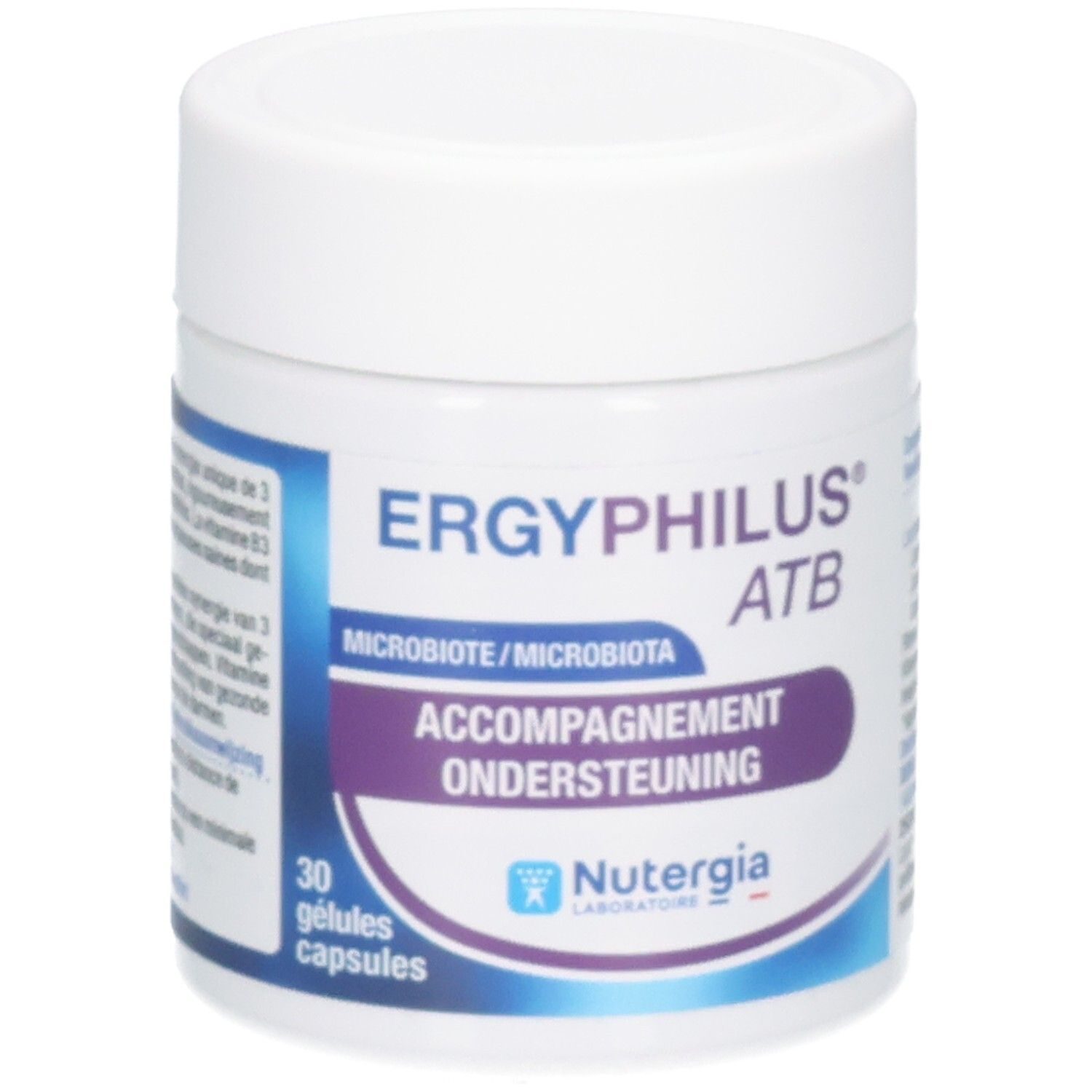 Gélules Ergyphilus ATB : Pot blanc avec étiquette bleue et violette, 30 gélules.