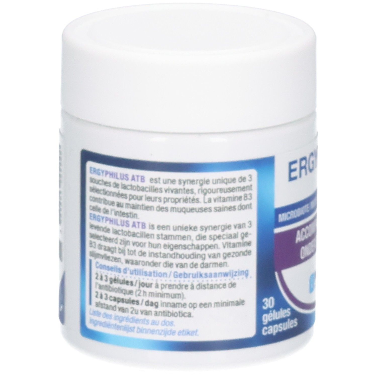 Dos du pot Ergyphilus ATB avec informations produit et 30 gélules.