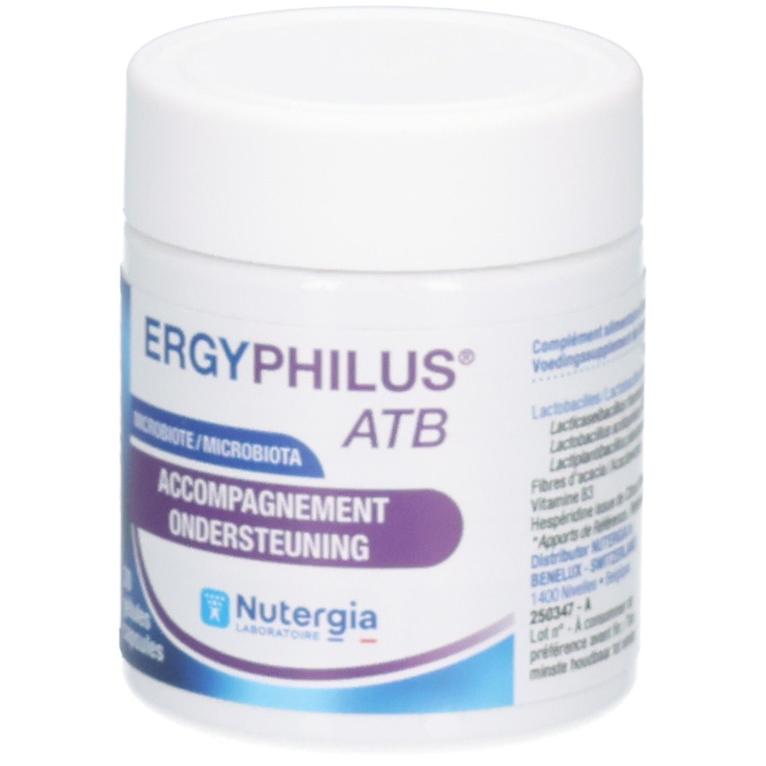 Pot Ergyphilus ATB avec étiquette indiquant 'Accompagnement Ondersteuning'.