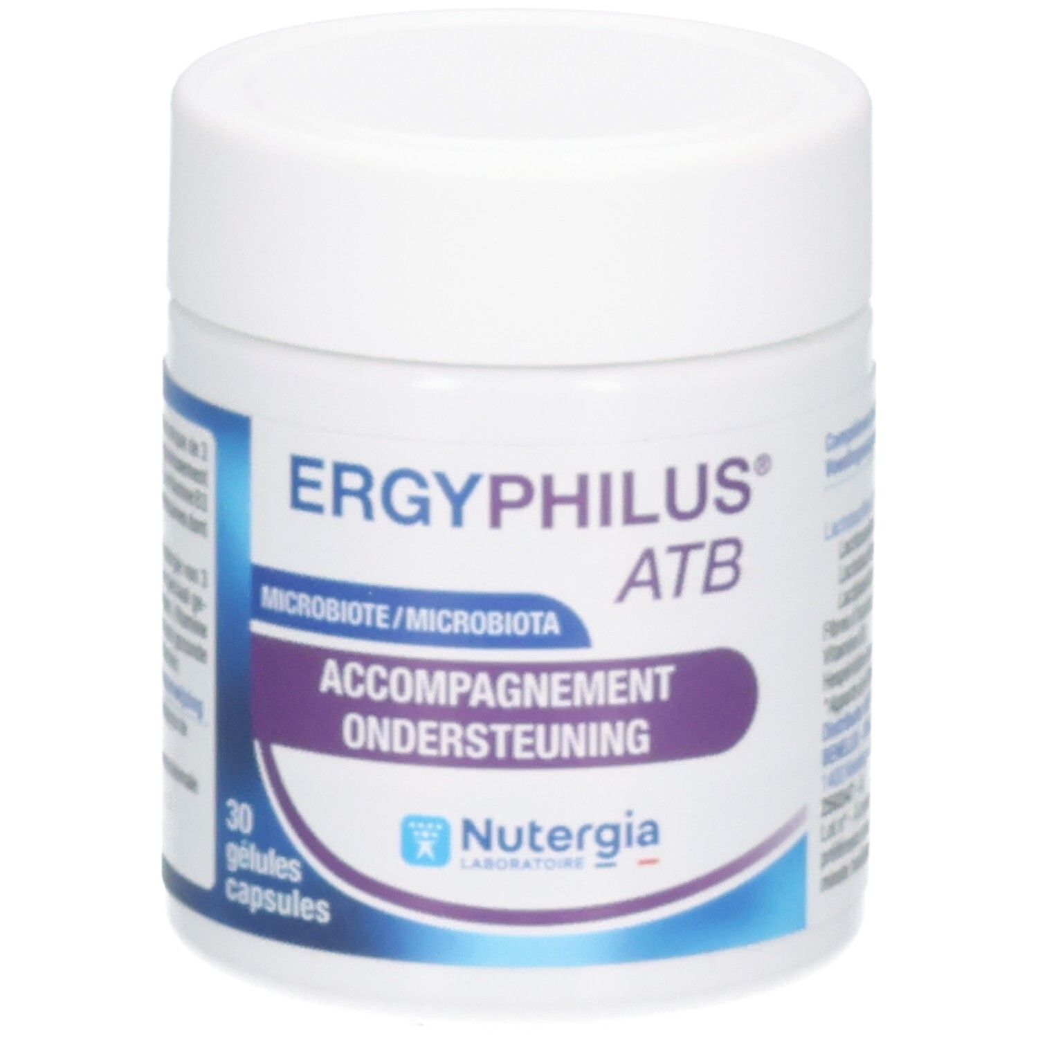 Gélules Ergyphilus ATB : Pot blanc avec logo Nutergya et 30 gélules.