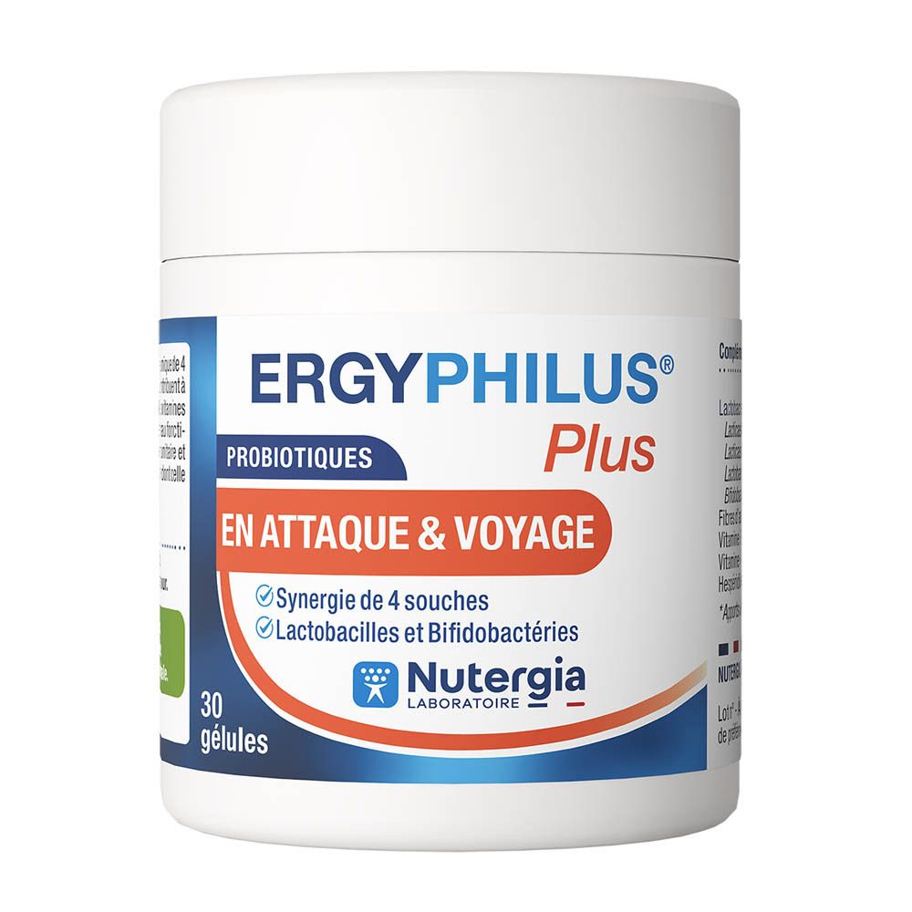 Pot blanc avec couvercle. Inscription: ERGYPHILUS Plus, Bien-être intestinal, Darmwelzijn. 30 gélules. Marque: Nutergia.