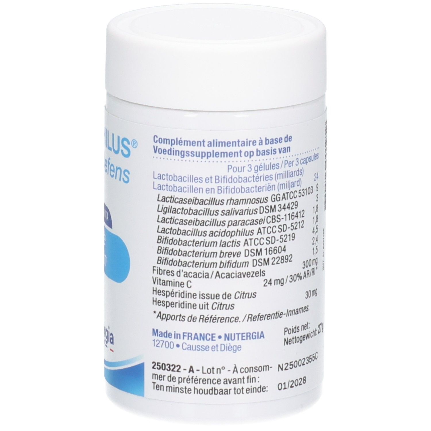 Dos du flacon blanc. Liste des ingrédients et valeurs nutritionnelles. Fabriqué en France. Marque: Nutergia.