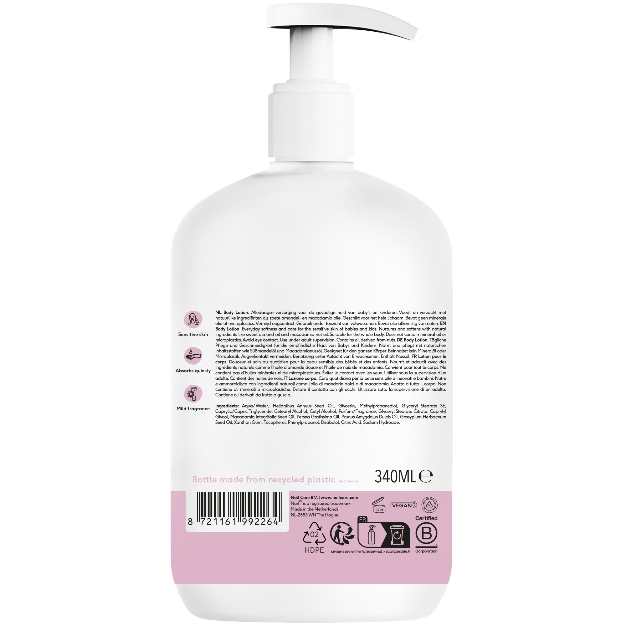 Enfant avec lotion sur la jambe. Texte : Hydrate. Sans irriter. Naïf Body Lotion.
