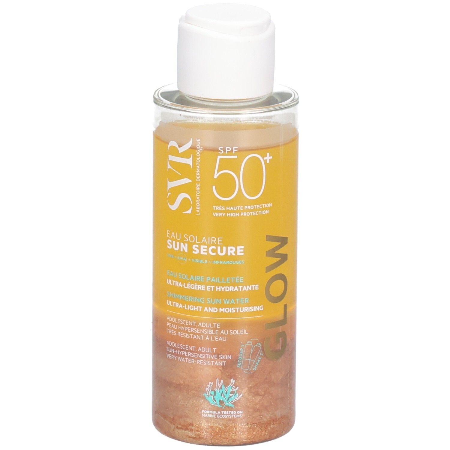 Flacon transparent avec liquide jaune et bouchon blanc. Inscription: SVR Sun Secure Glow SPF50+.