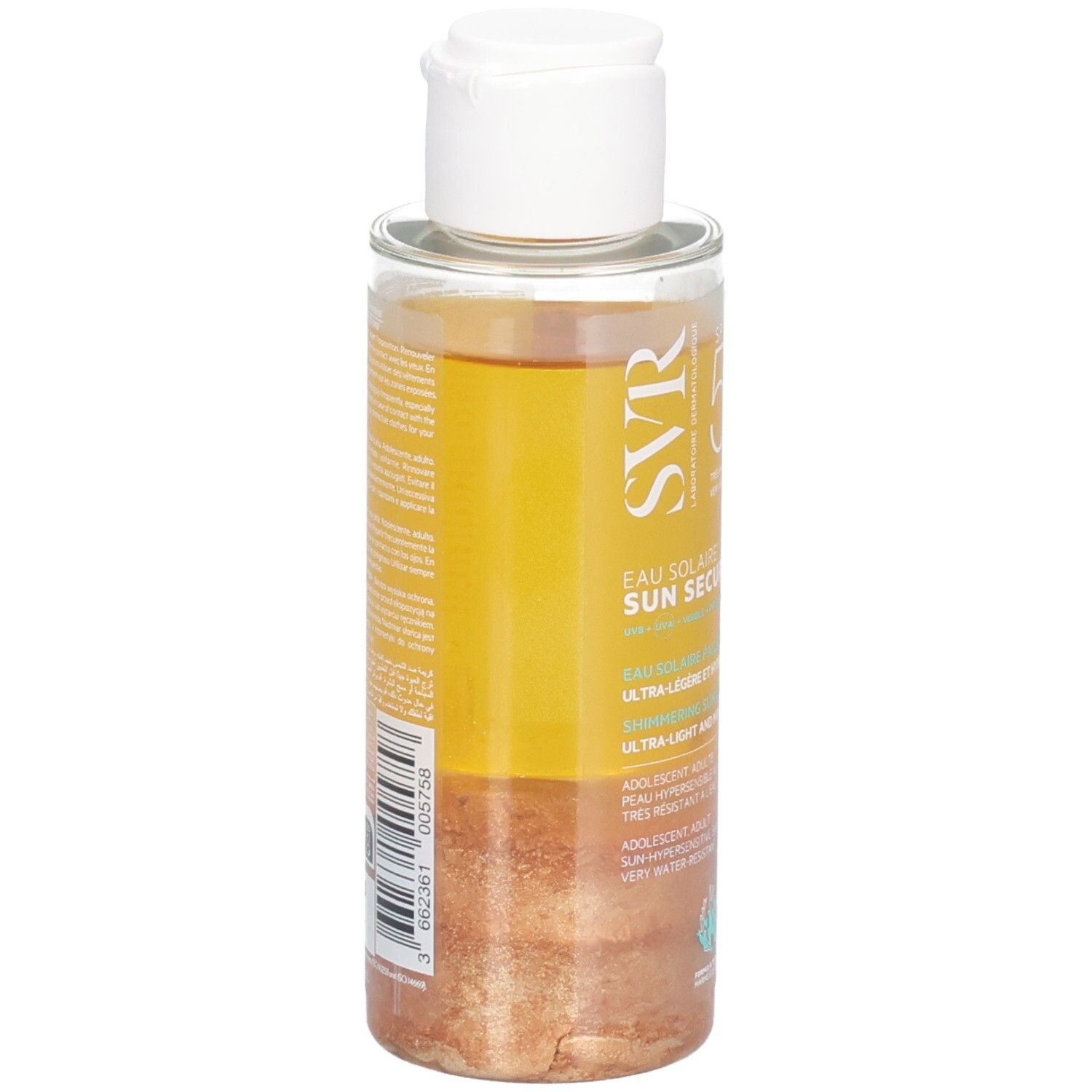Flacon transparent avec liquide jaune et bouchon blanc. Inscription: SVR Sun Secure Glow SPF50+.