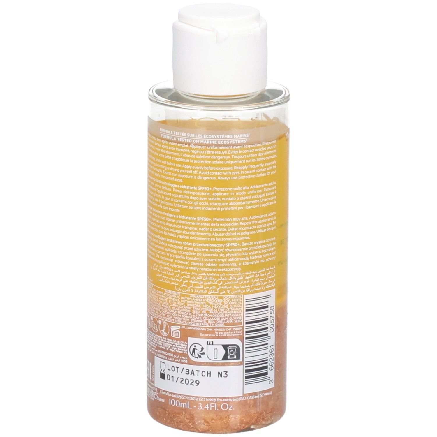 Flacon transparent avec liquide jaune et bouchon blanc. Inscription: SVR Sun Secure Glow SPF50+.