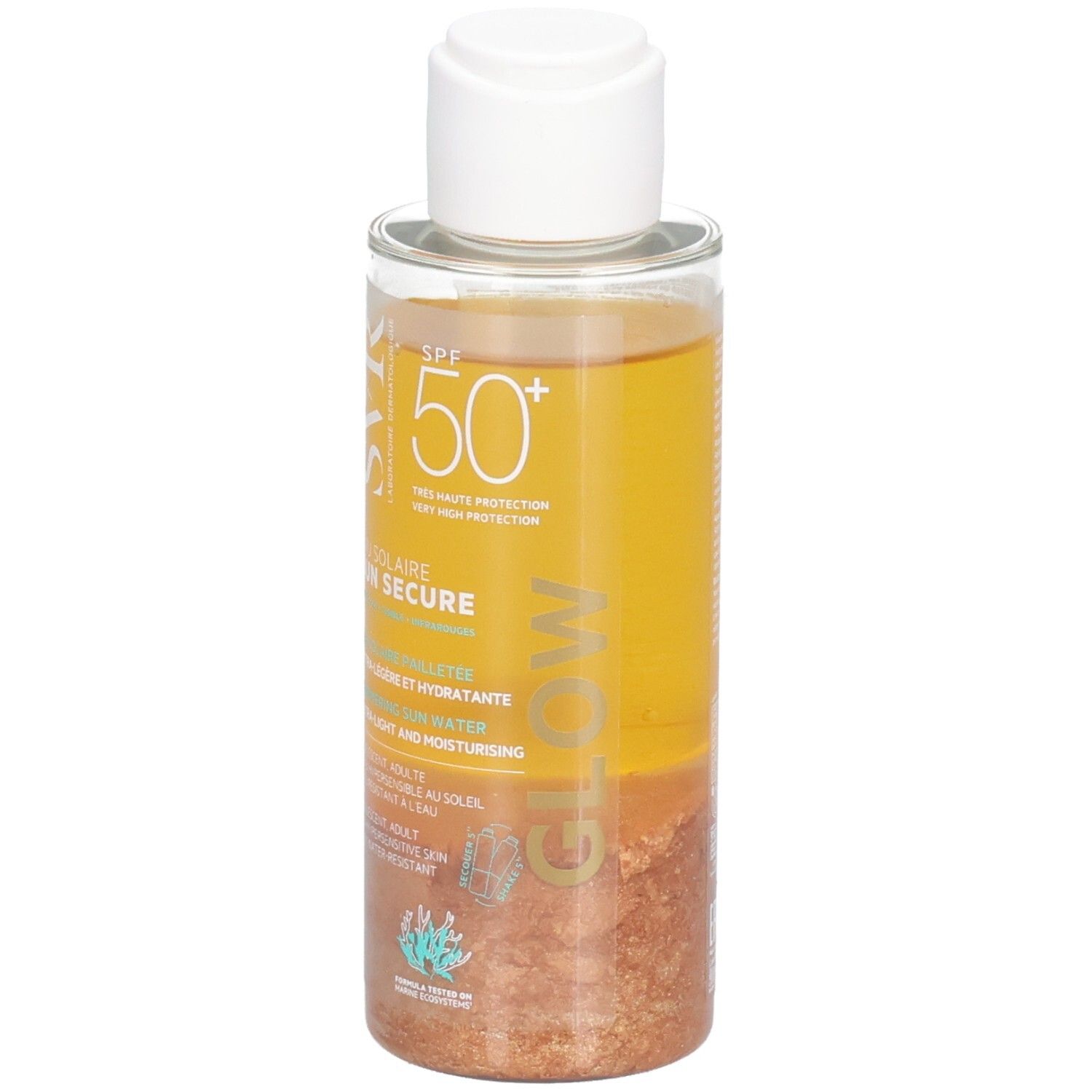Flacon transparent avec liquide jaune et bouchon blanc. Inscription: SVR Sun Secure Glow SPF50+.