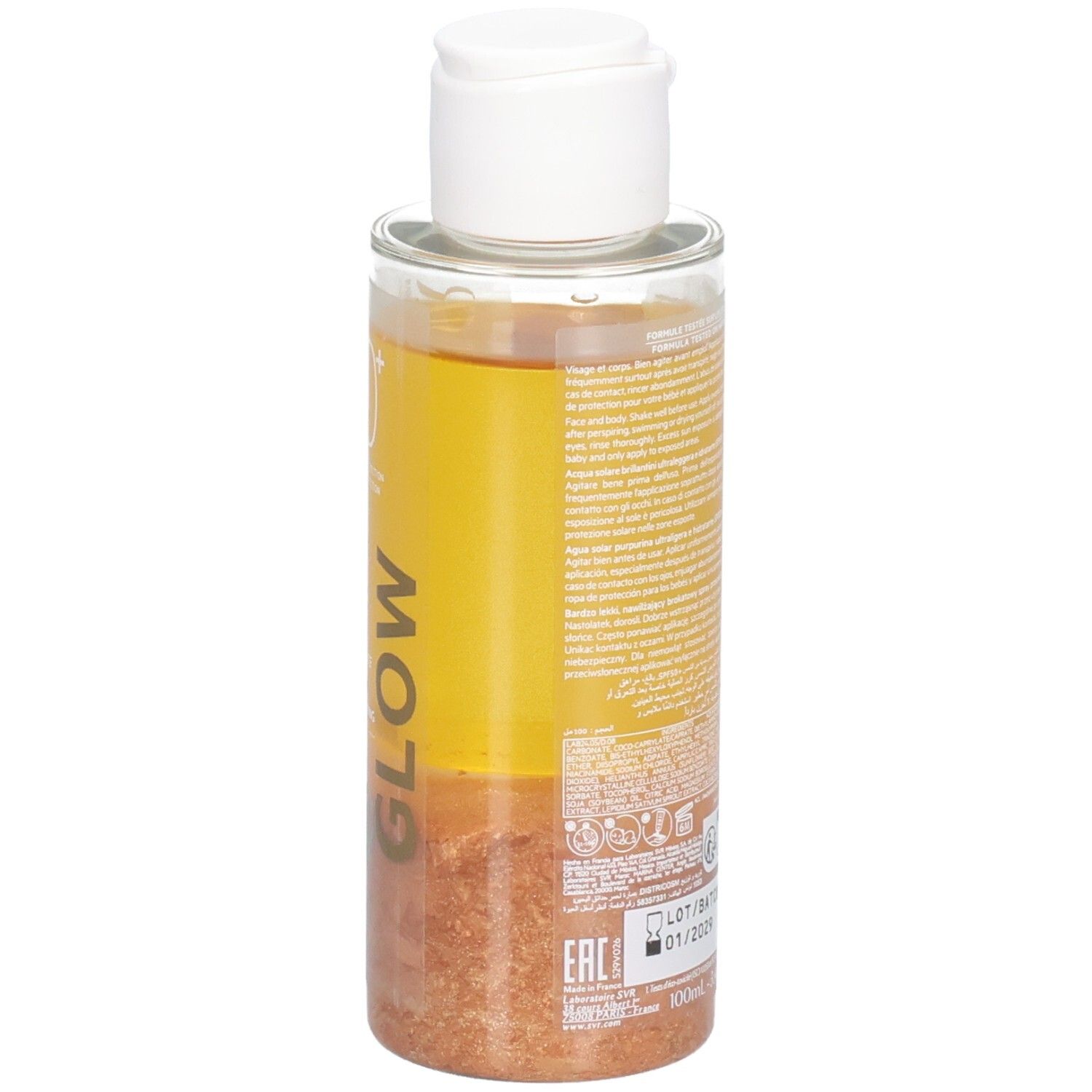 Flacon transparent avec liquide jaune et bouchon blanc. Inscription: SVR Sun Secure Glow SPF50+.