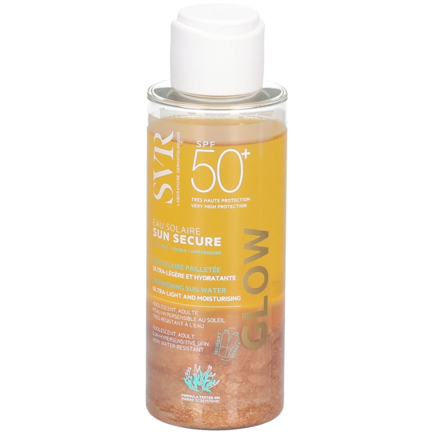 Flacon transparent avec liquide jaune et bouchon blanc. Inscription: SVR Sun Secure Glow SPF50+.