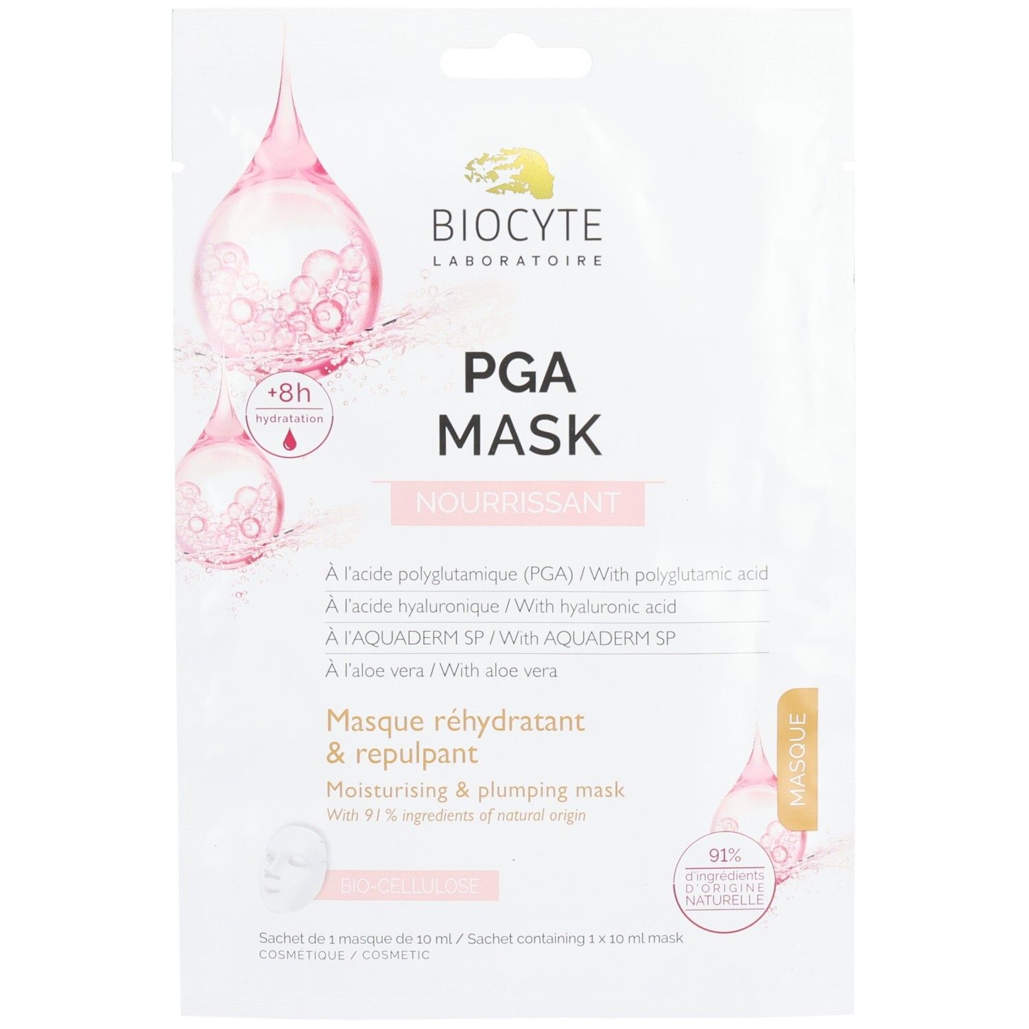 Sachet Biocyte PGA Mask. Emballage rose avec illustration et texte. Contient 1 masque.