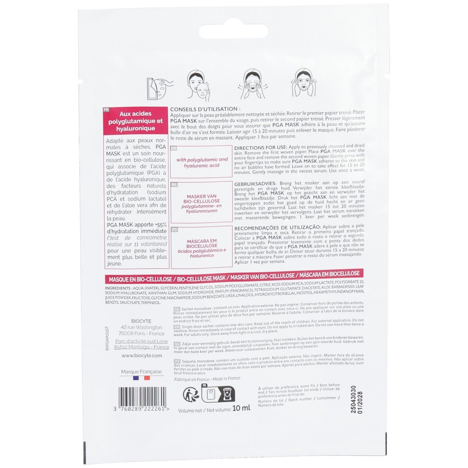 Dos du sachet Biocyte PGA Mask. Texte et instructions d'utilisation sur fond blanc.