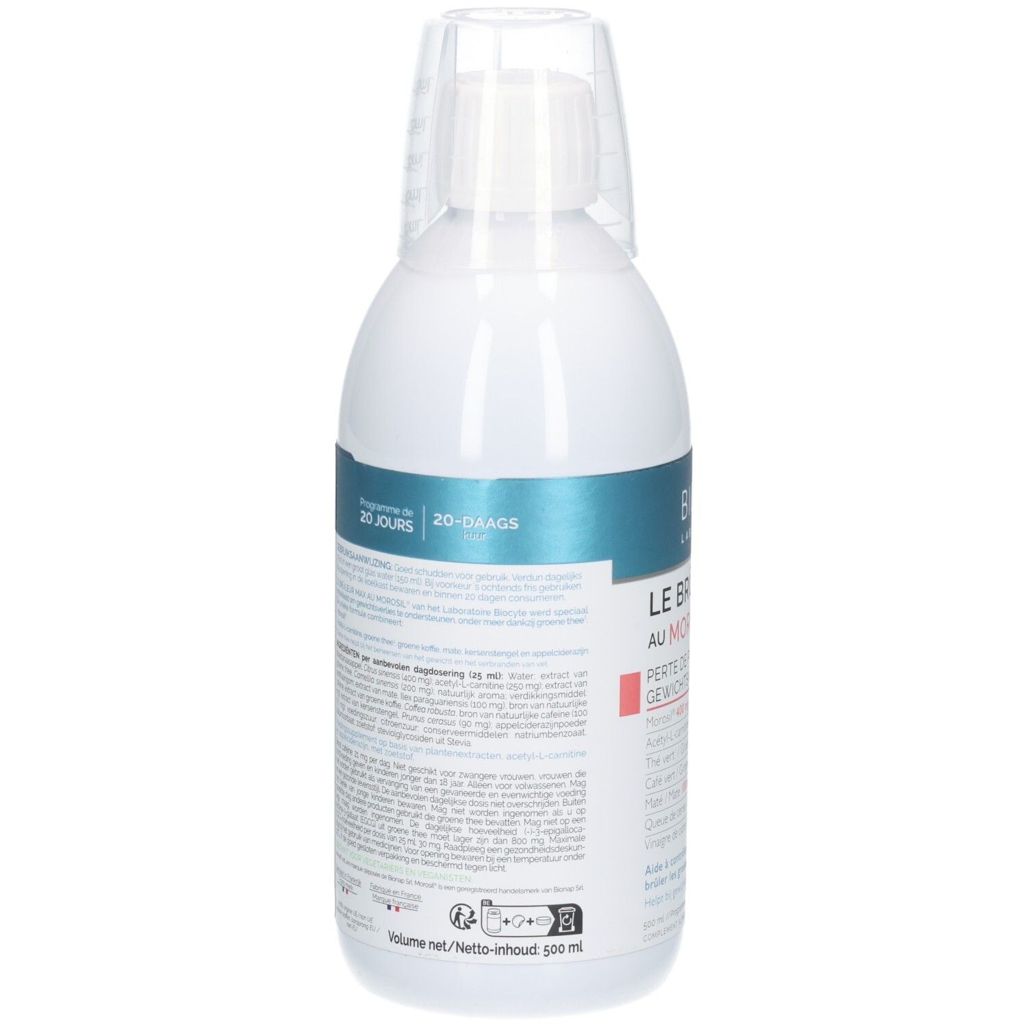 Biocyte Le Brûleur Max : Arrière du flacon avec instructions et programme de 20 jours.