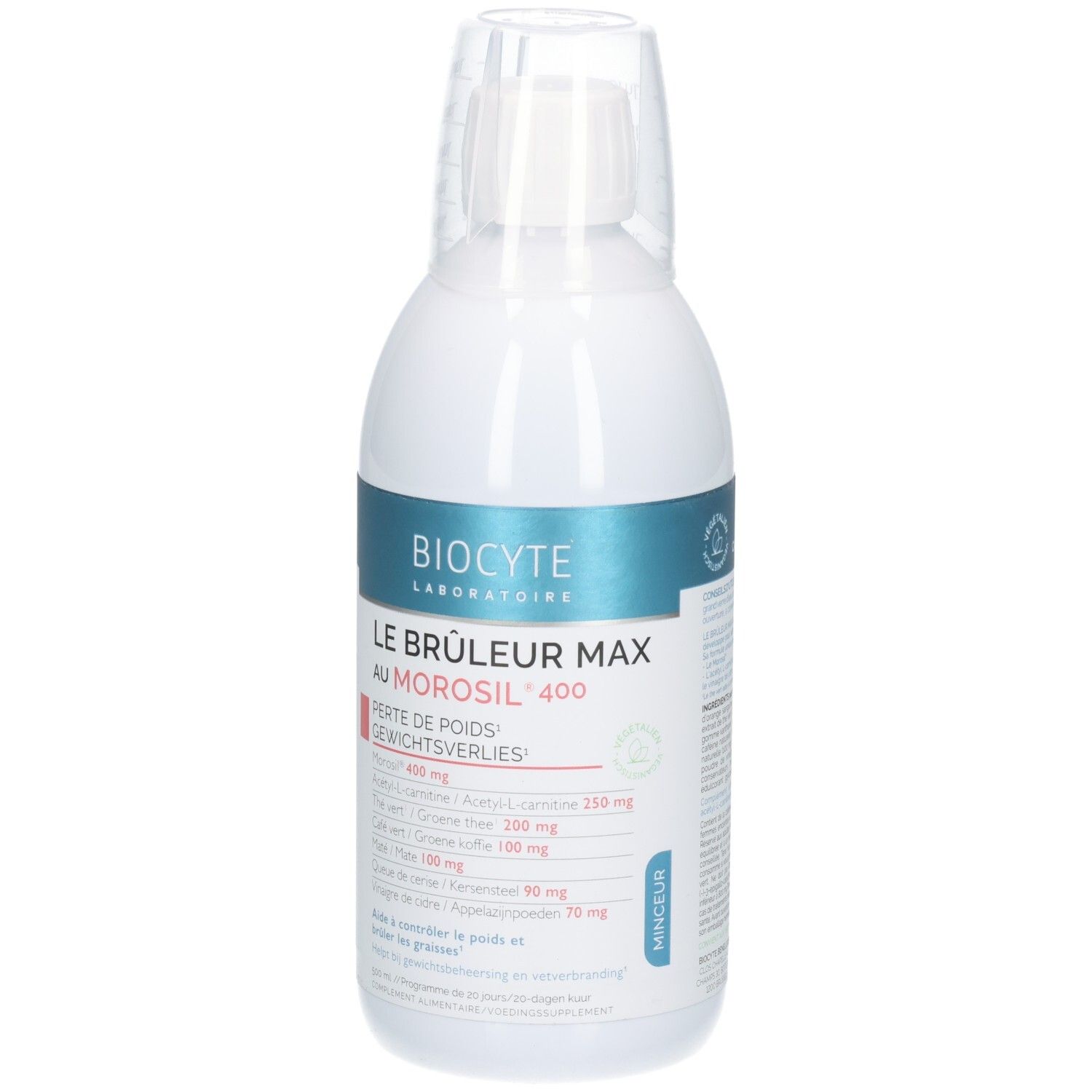 Biocyte Le Brûleur Max : Flacon avec gobelet doseur. Focus perte de poids et ingrédients.