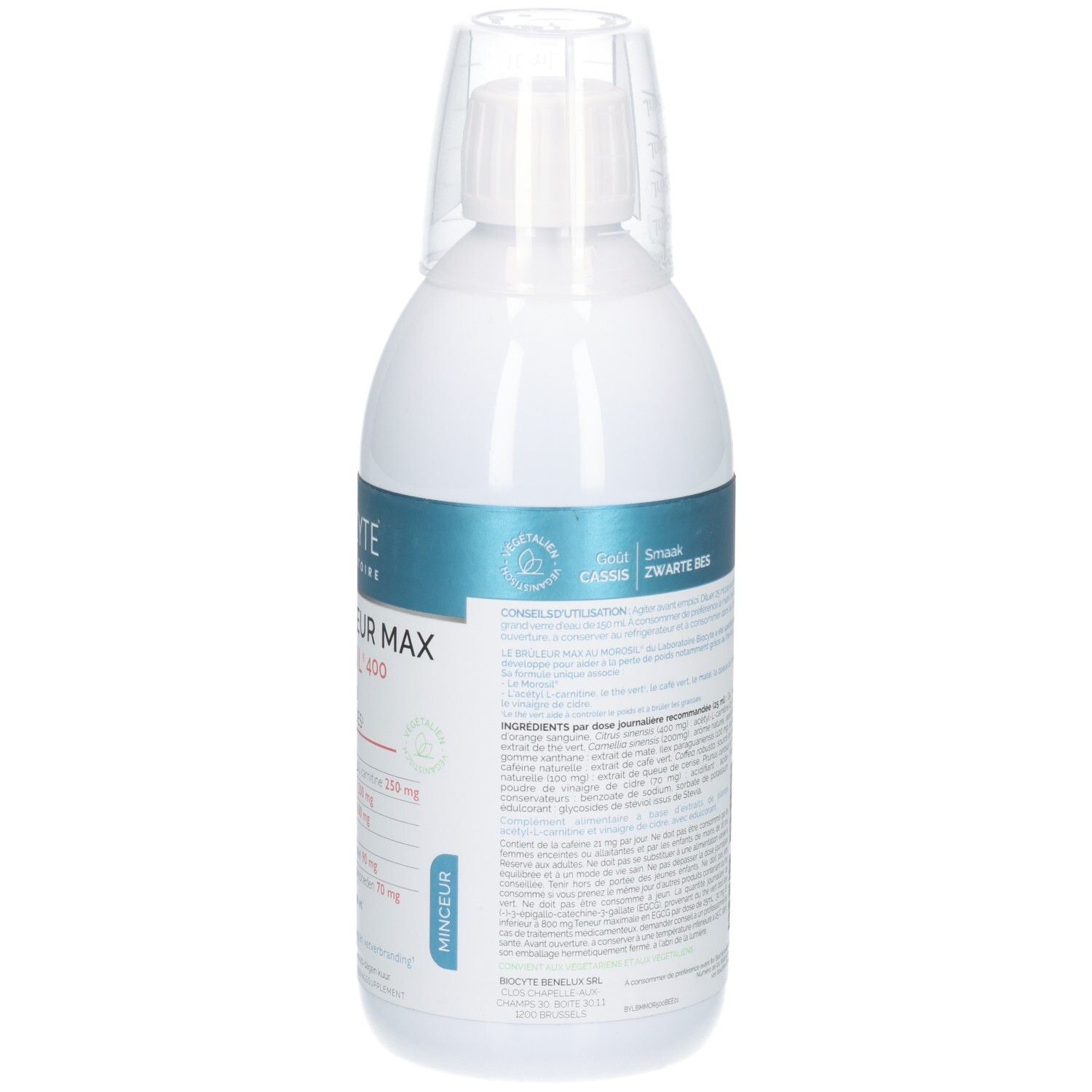 Biocyte Le Brûleur Max : Flacon avec gobelet doseur. Informations sur ingrédients et usage.