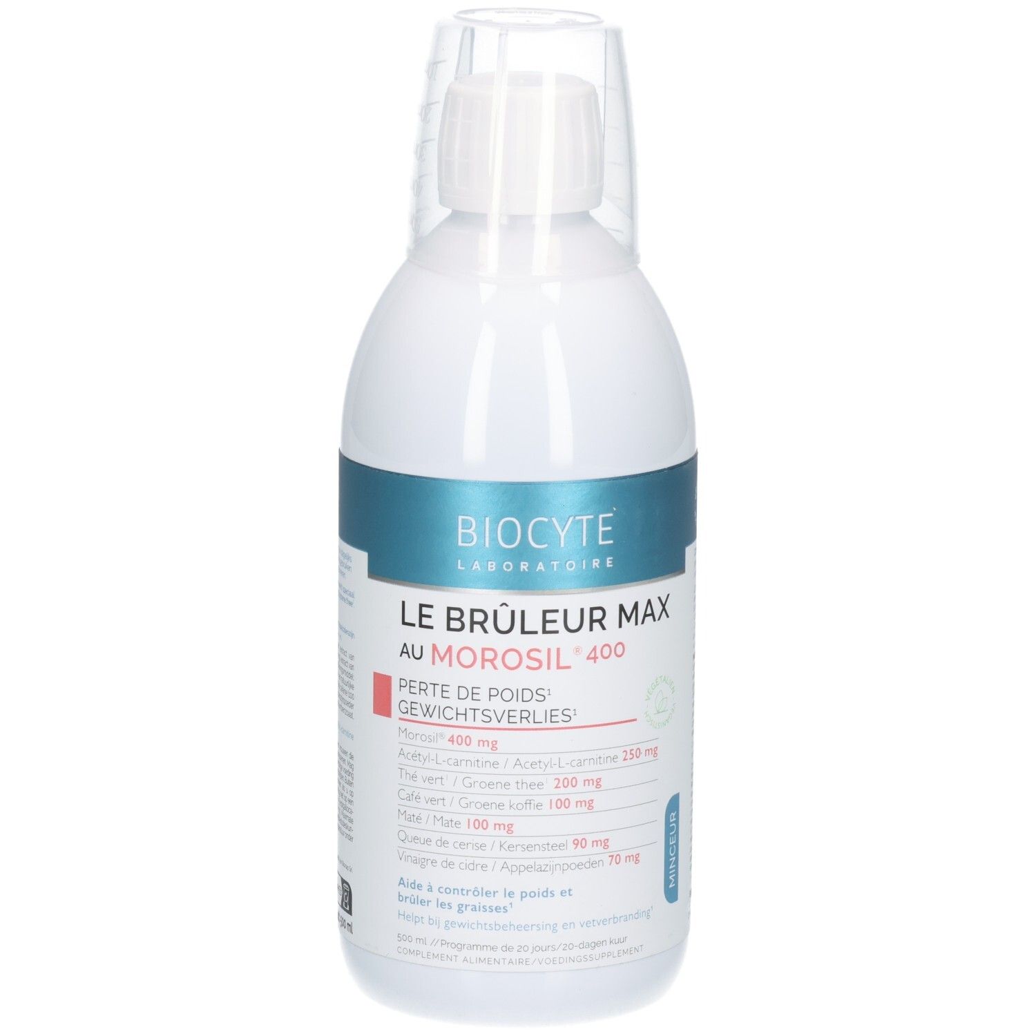 Biocyte Le Brûleur Max : Flacon avec gobelet doseur. Contient Morosil 400 pour perte de poids.