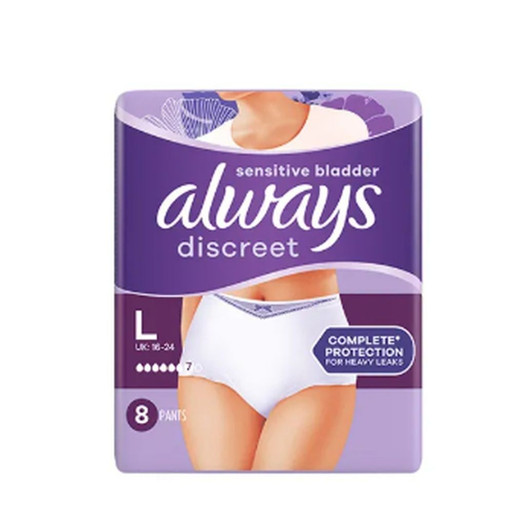 Always Discreet Pants pour vessie sensible. Taille L, UK 16-24. 8 unités. Inscription : Protection complète pour fuites abondantes.