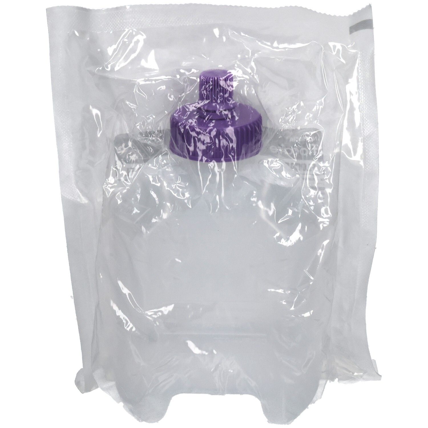 Pochette transparente contenant un récipient avec bouchon violet. Le récipient est scellé dans un emballage transparent.