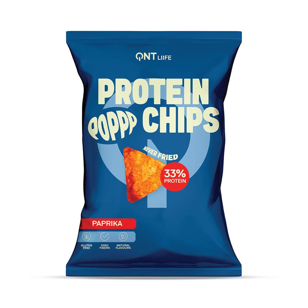 Sachet bleu foncé QNT Liife Protein Chips Paprika. Inscription : Protein Chips, 33% de protéines, Paprika. Sans gluten, riche en fibres.