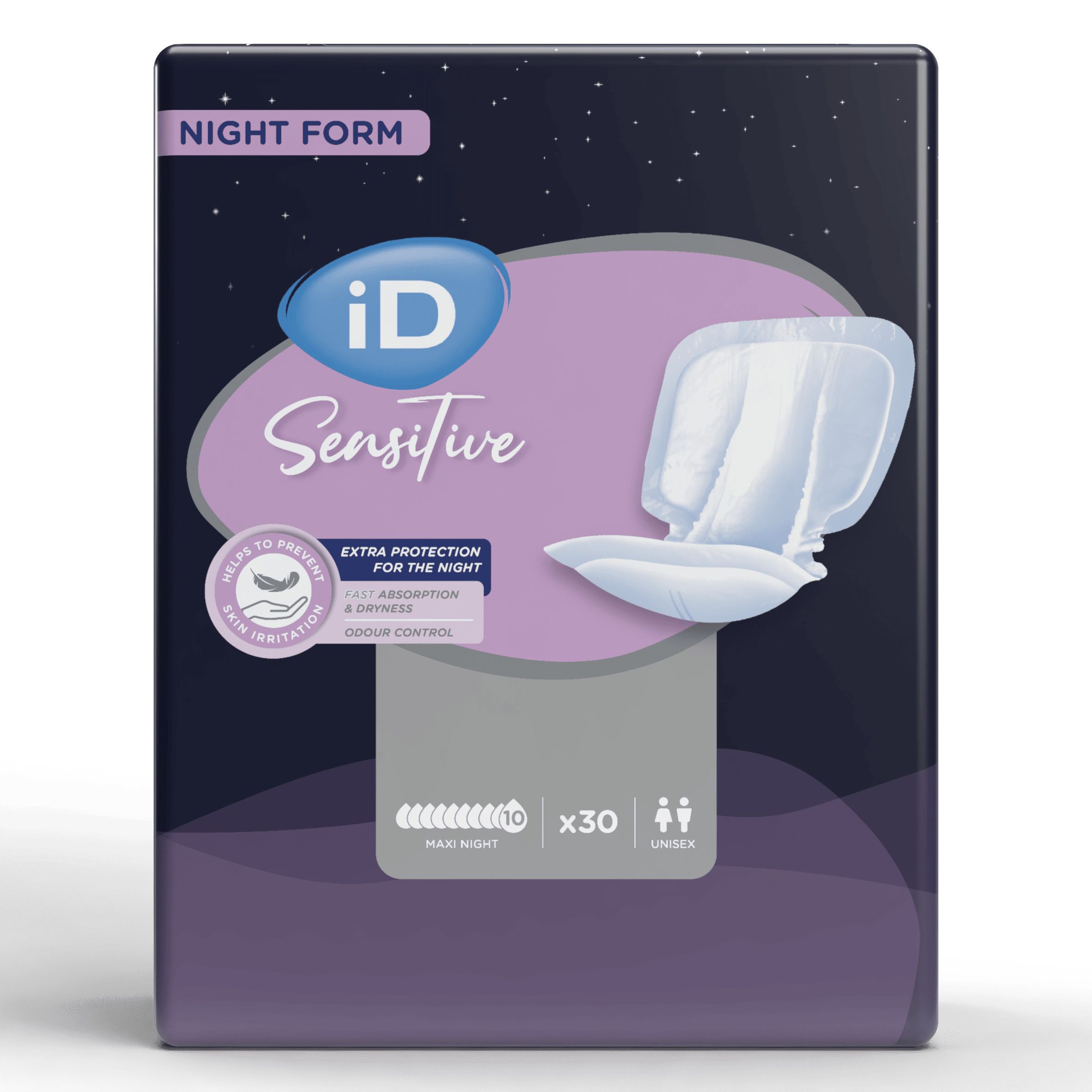 Protections iD Sensitive Night Form Maxi Night, 30 pièces. Protections absorbantes pour la nuit avec protection supplémentaire.