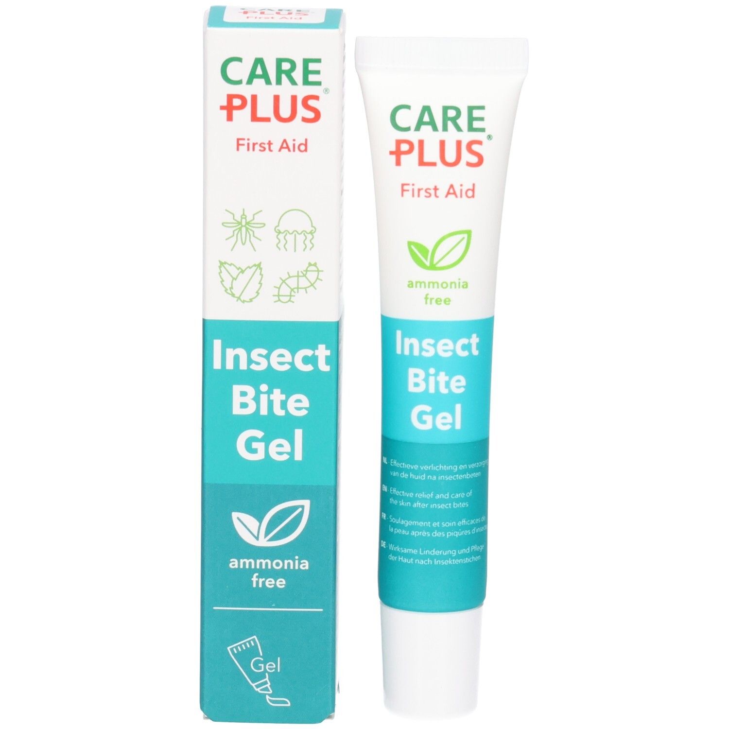 Tube et boîte de gel anti-piqûres Care Plus.