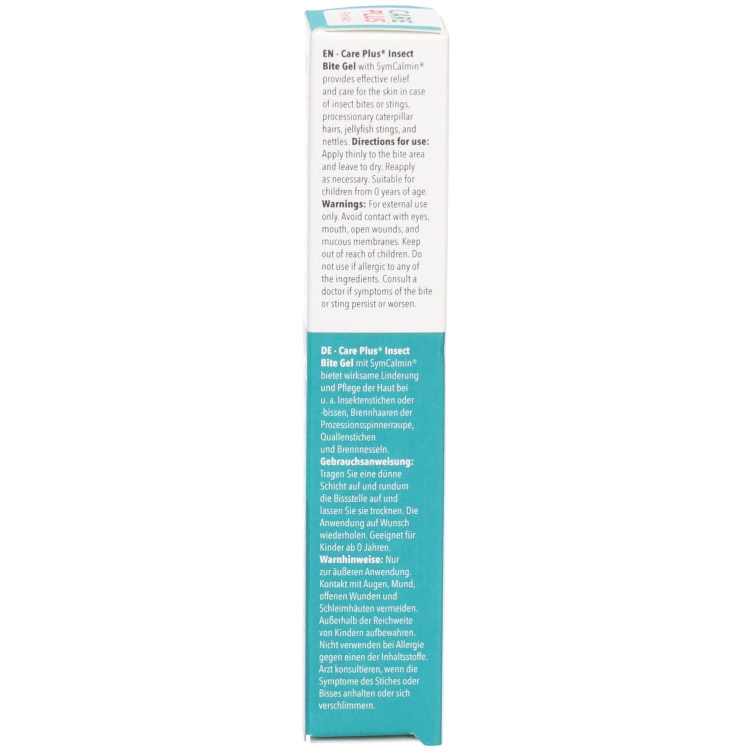 Vue latérale de la boîte avec instructions en anglais et allemand.