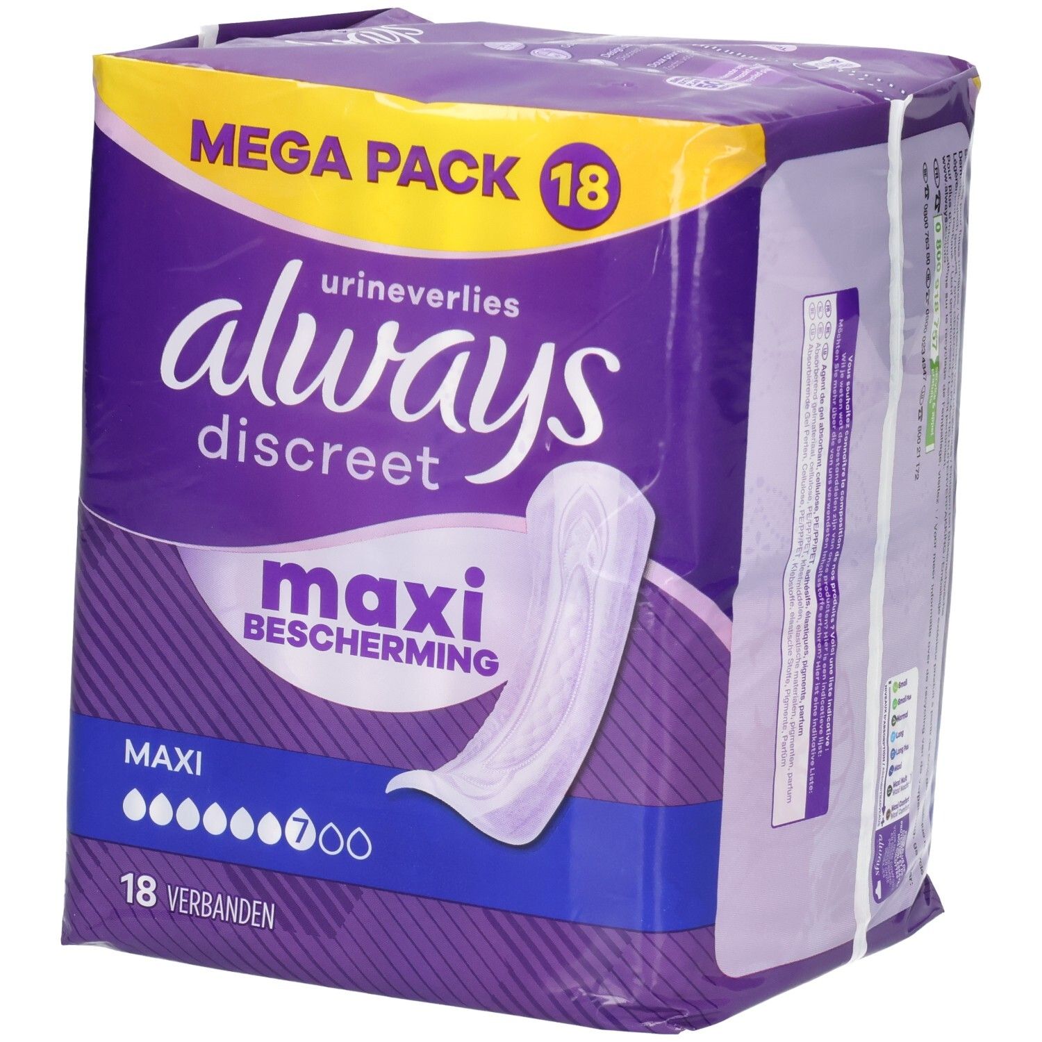 Always Discreet Maxi Serviettes, Mega Pack, 18 unités. Emballage violet avec image produit blanche.