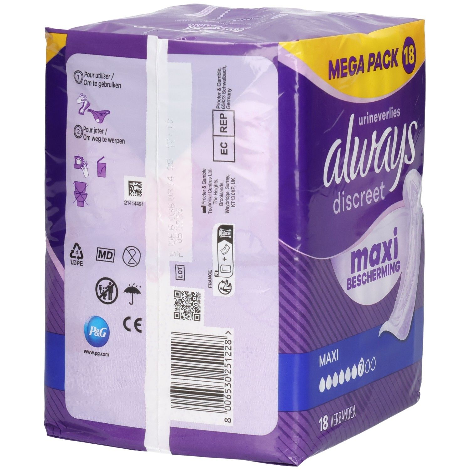 Dos de l'emballage Always Discreet Maxi Serviettes. Contient des symboles et informations produit.
