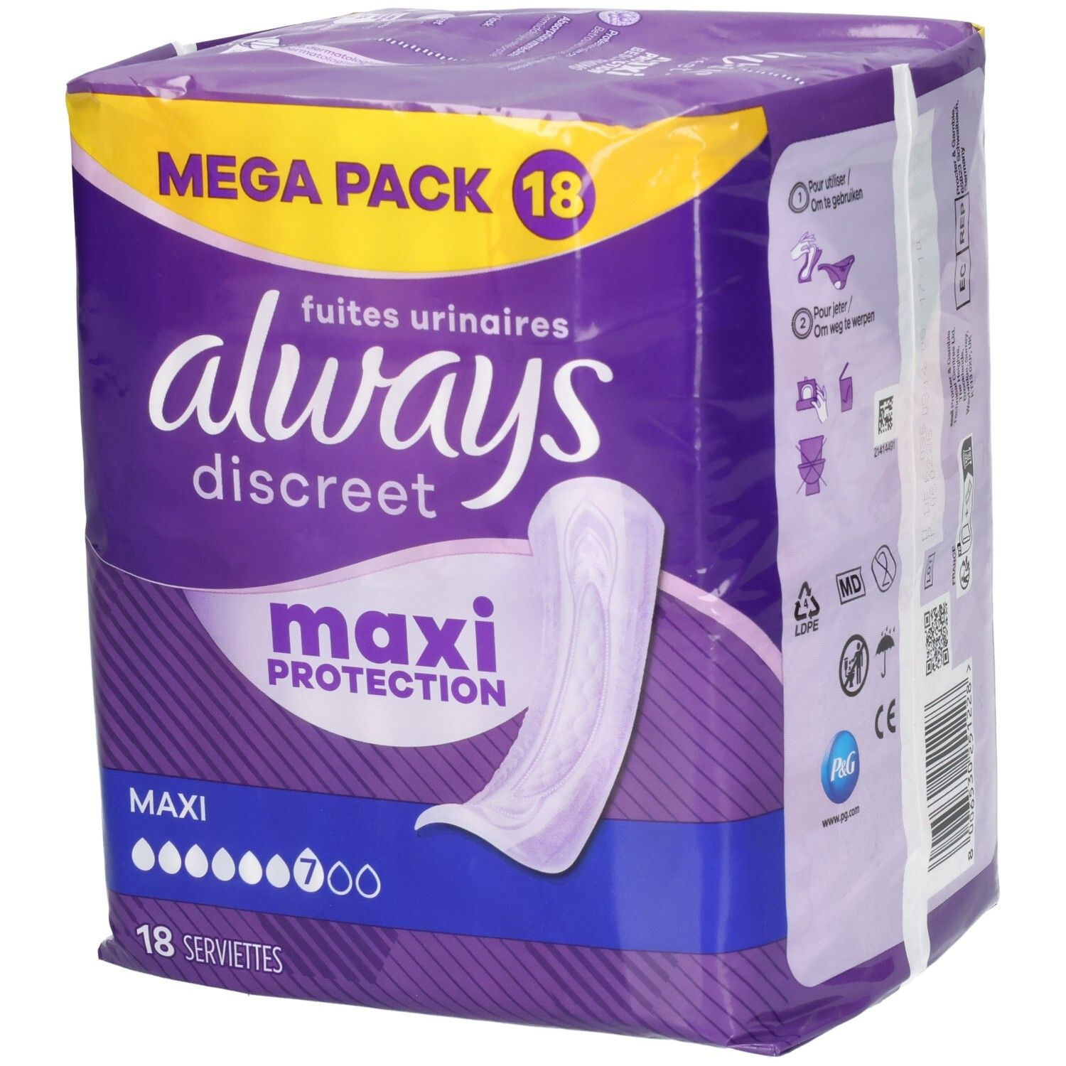 Always Discreet Maxi Serviettes, Mega Pack, 18 unités. Emballage violet avec image produit blanche.