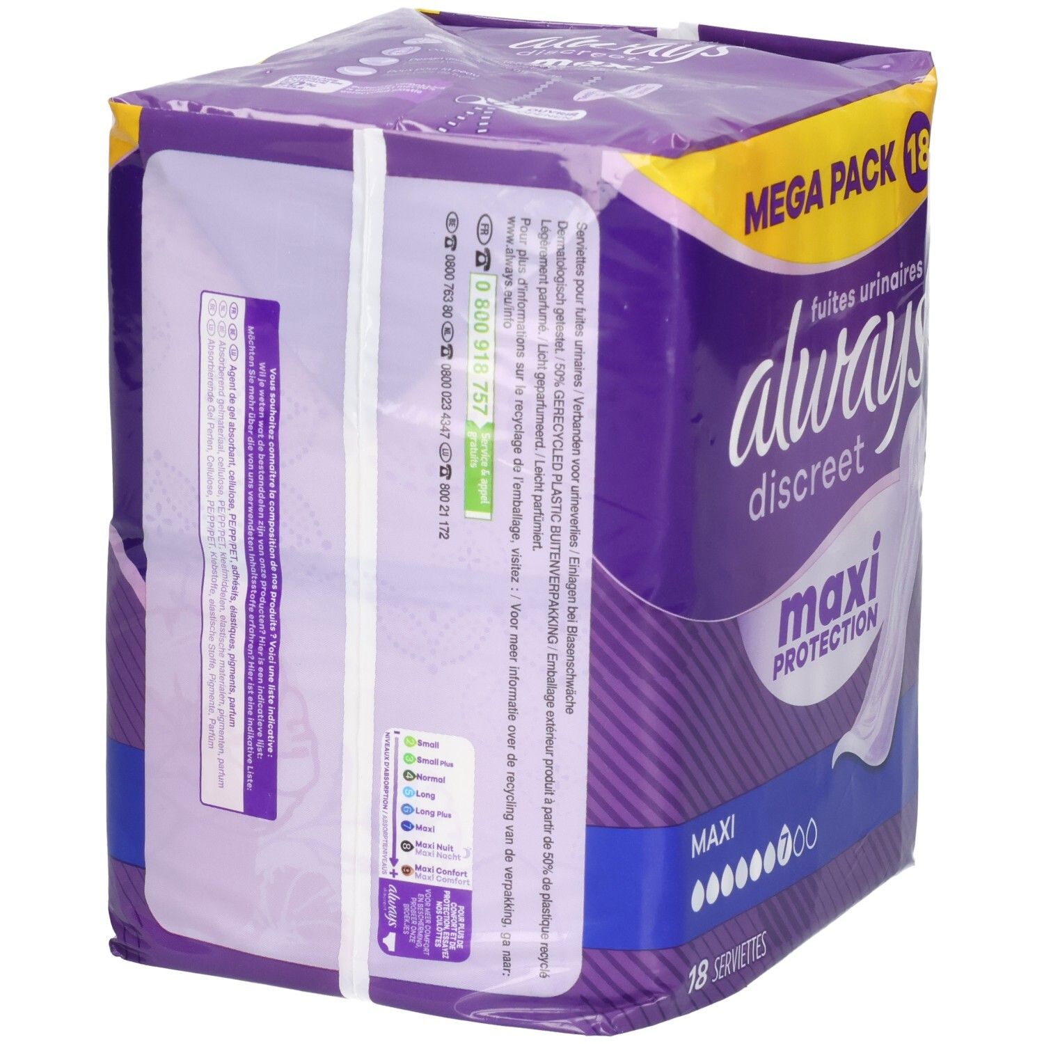 Dos de l'emballage Always Discreet Maxi Serviettes. Contient des symboles et informations produit.
