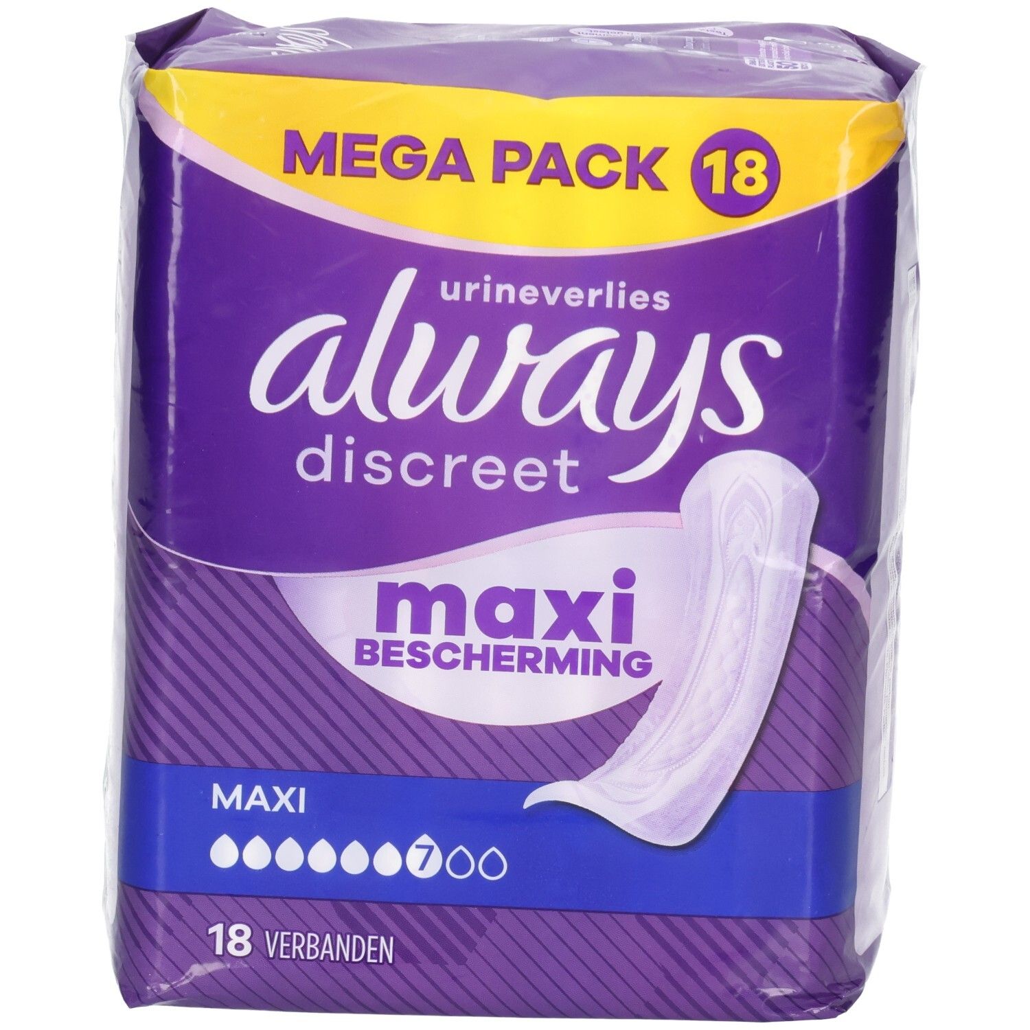 Always Discreet Maxi Serviettes, Mega Pack, 18 unités. Emballage violet avec image produit blanche.