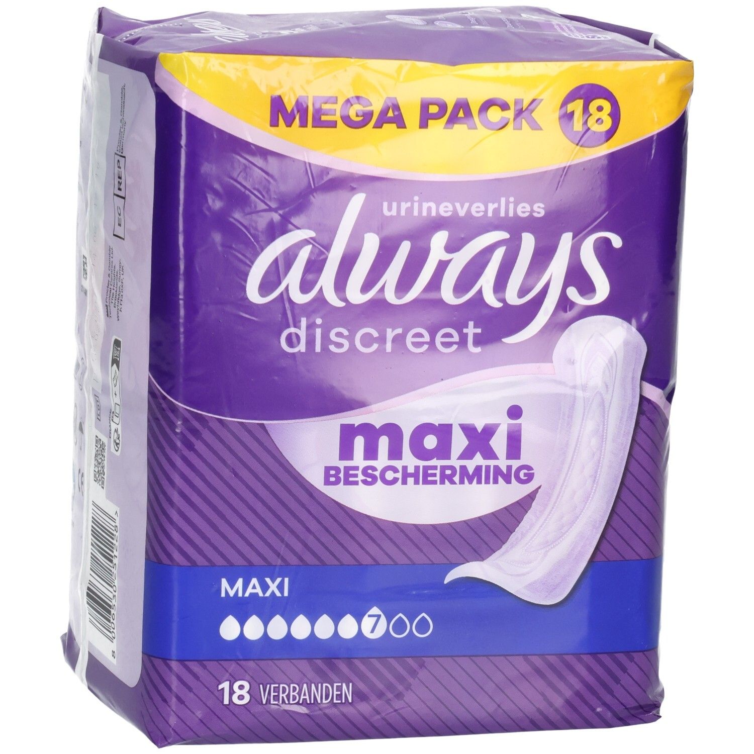 Always Discreet Maxi Serviettes, Mega Pack, 18 unités. Emballage violet avec image produit blanche.