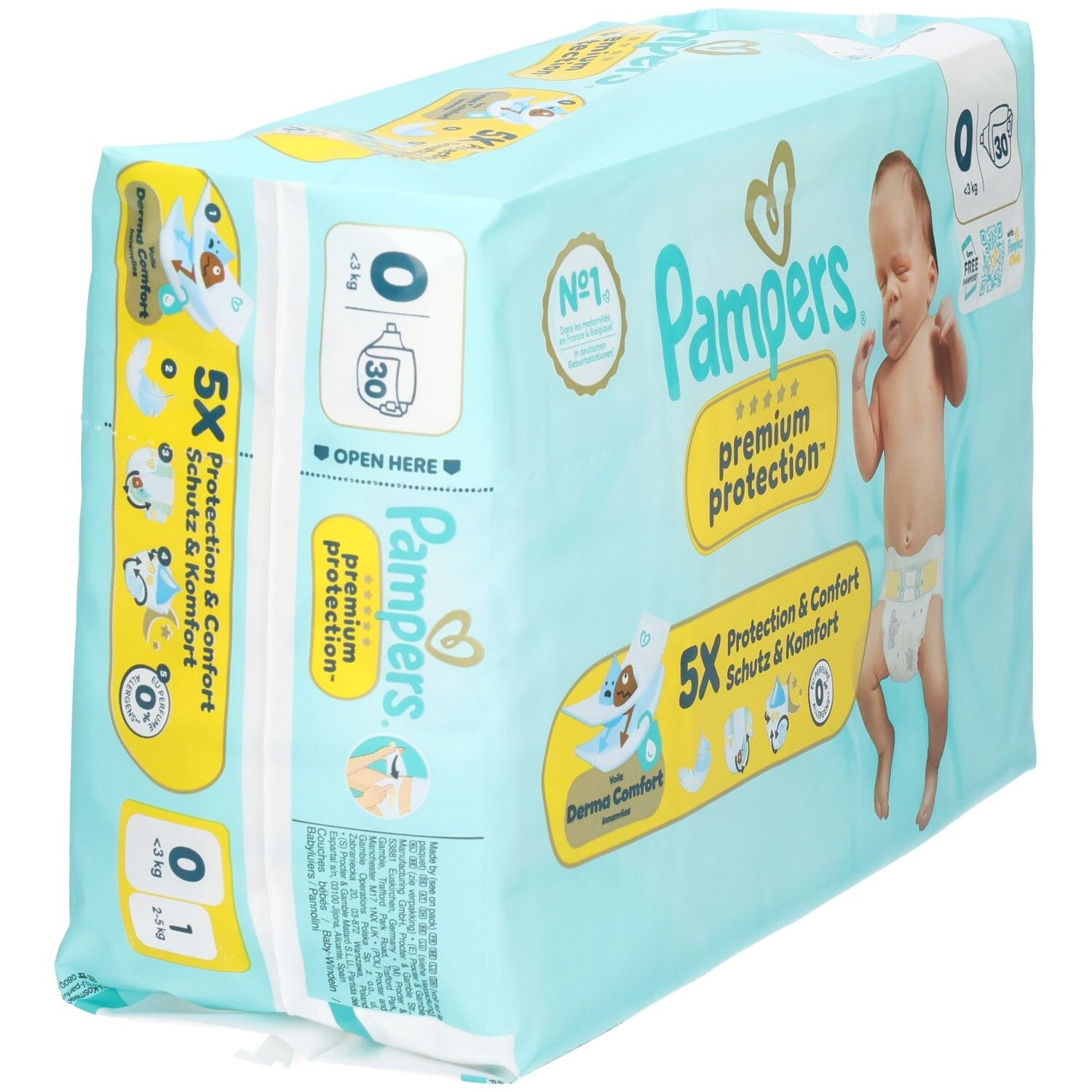 Couches Pampers Premium Protection, taille 0, 30 unités. Vue latérale de l'emballage bleu clair avec caractéristiques du produit.