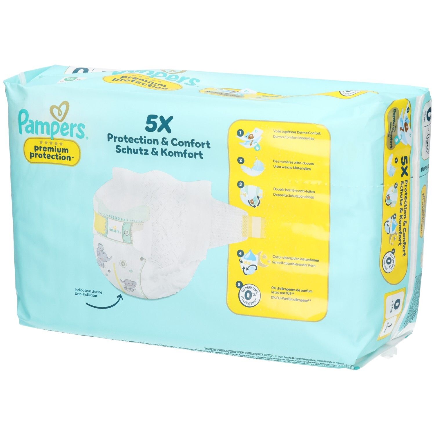 Couches Pampers Premium Protection, taille 0, 30 unités. Face avant de l'emballage montrant une couche et ses avantages.