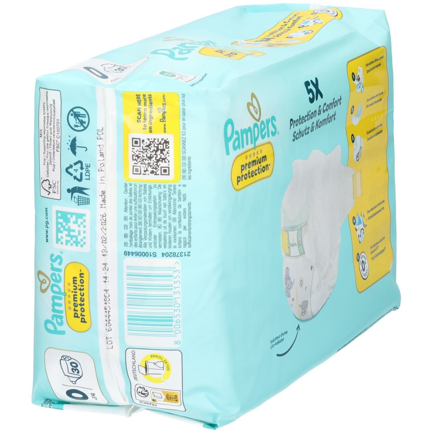 Couches Pampers Premium Protection, taille 0, 30 unités. Arrière de l'emballage avec informations produit et code-barres.