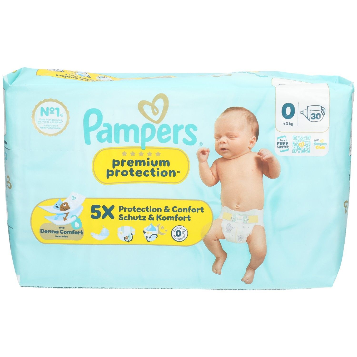 Couches Pampers Premium Protection, taille 0, 30 unités. Emballage bleu clair avec motif bébé et informations produit.