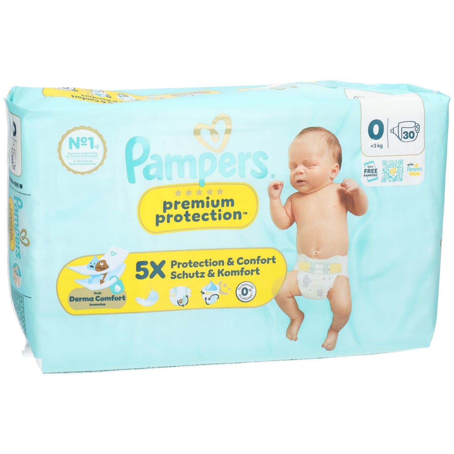 Couches Pampers Premium Protection, taille 0, 30 unités. Emballage bleu clair avec motif bébé et informations produit.