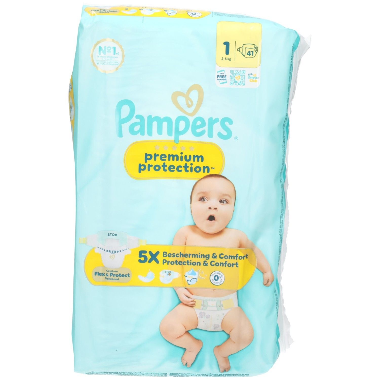 Paquet de couches Pampers® Premium Protection™ Taille 1. Emballage bleu clair avec bébé et informations. 41 couches.