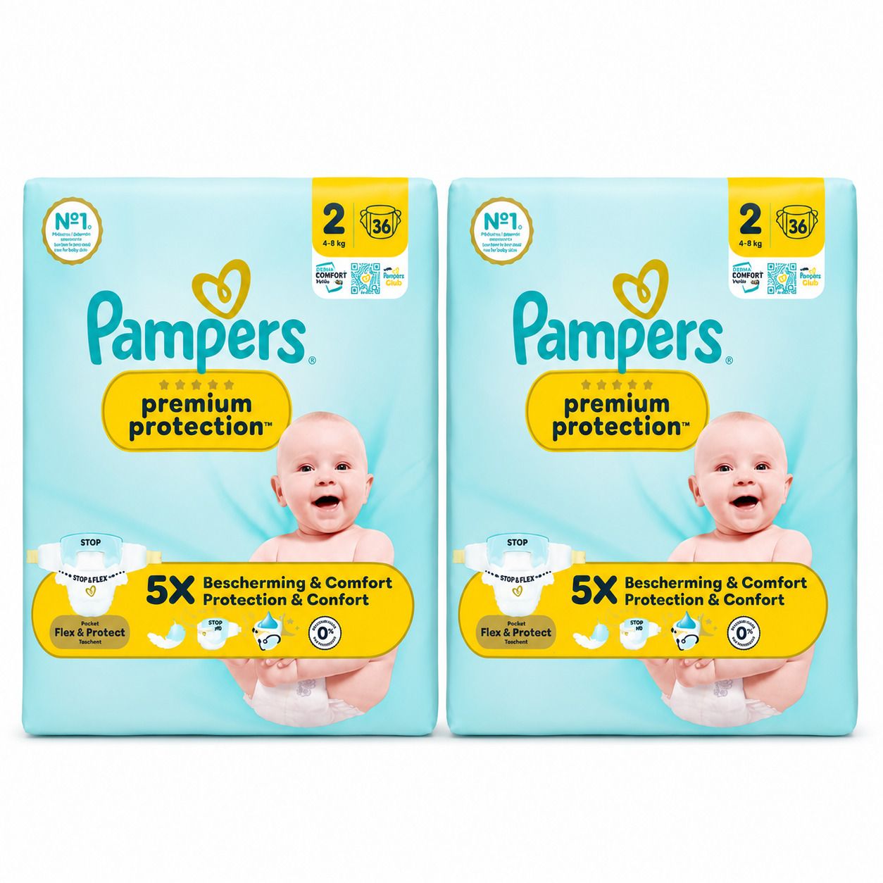 Deux paquets de couches Pampers Premium Protection, taille 2, 36 couches par paquet. Emballage bleu clair avec motif de bébé.